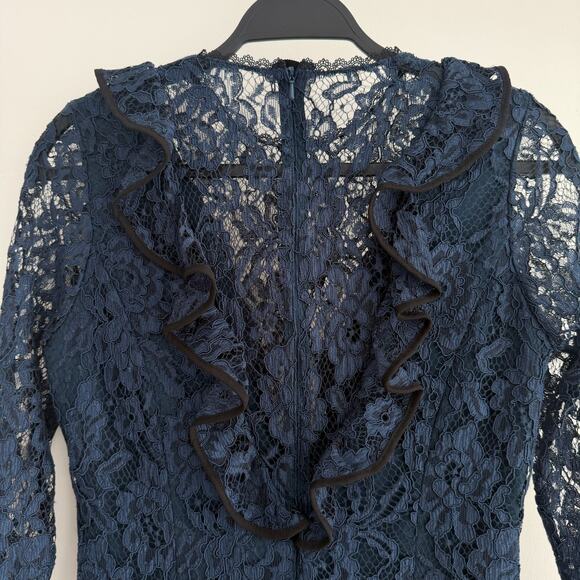 Alexis Bodysuit Womens Small Navy Lace Ruffle Pollie Illusion Long Sleeve Top - Picture 6 of 14